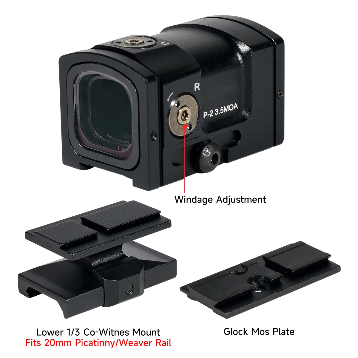 P-2 Red Dot Reflex Sight 3.5 MOA Optics Riflescope Collimator Reflex Sight for 20mm Rail Hunting Airsoft Pistol Glock 17 19
