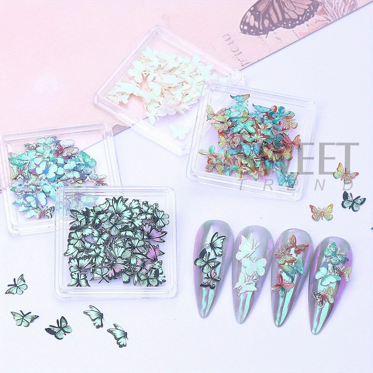 4pcs Laser Butterfly Wood Pulp Nail Decoration Holographic Wings Design Summer Jewelry Japanese Style Flake DIY Manicure Slices