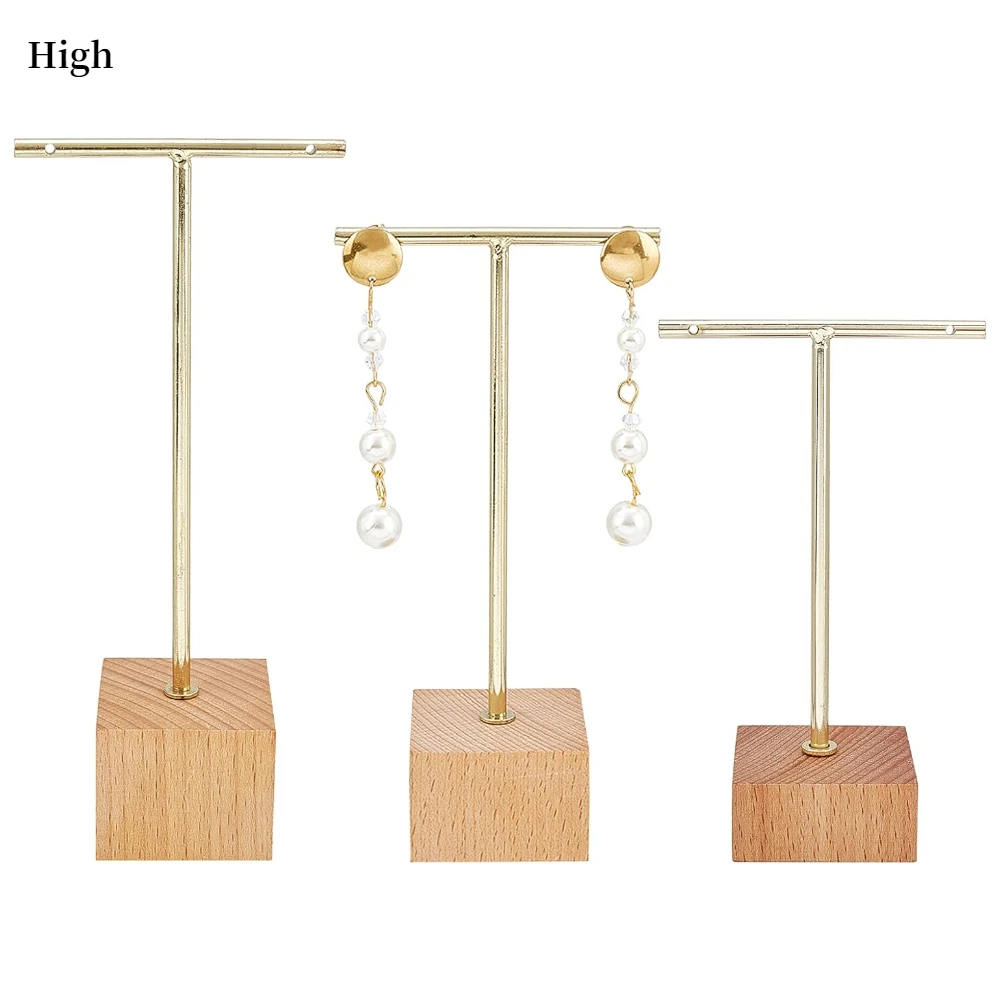 

3 Pcs Gold Metal T Bar Earring Display Stand 6.3/5.5/4.5 Inch Height Jewelry Stand with Wooden Square Base Earring Hanging Holde