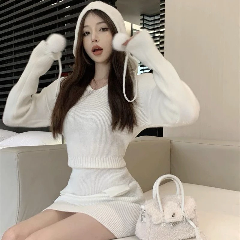 Autumn Women's Knitted Dresses for Women Hoodies V-neck Long Sleeve Bodycon Short Dress Casual Korean Chic Vestidos Mujer New