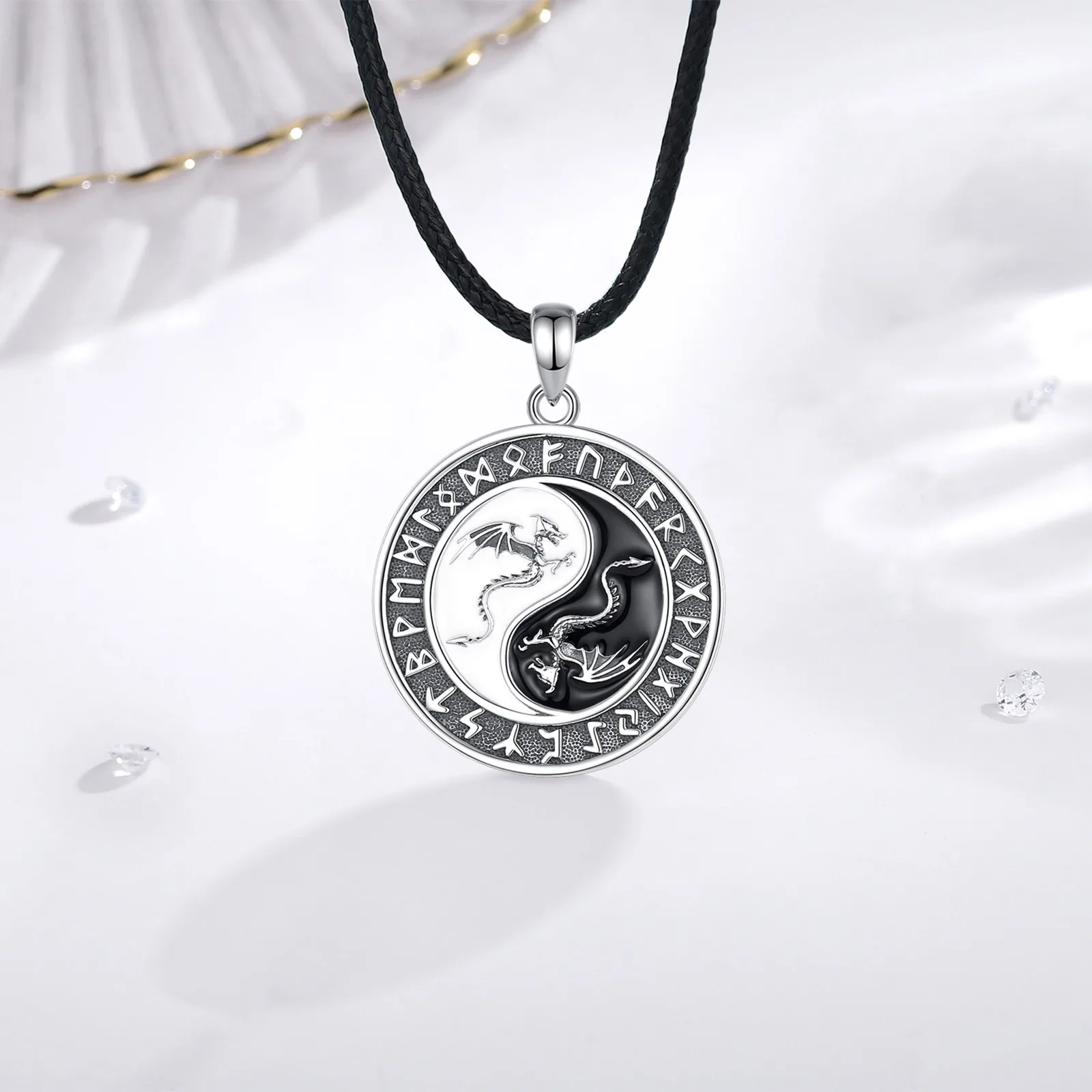 Eudora 925 Sterling Silver Viking Runes Dragon Necklace for Women Man Yin Yang Tai Chi Amulet Pendant Personality Jewelry Gift pendant necklace silver necklace silver necklace charms