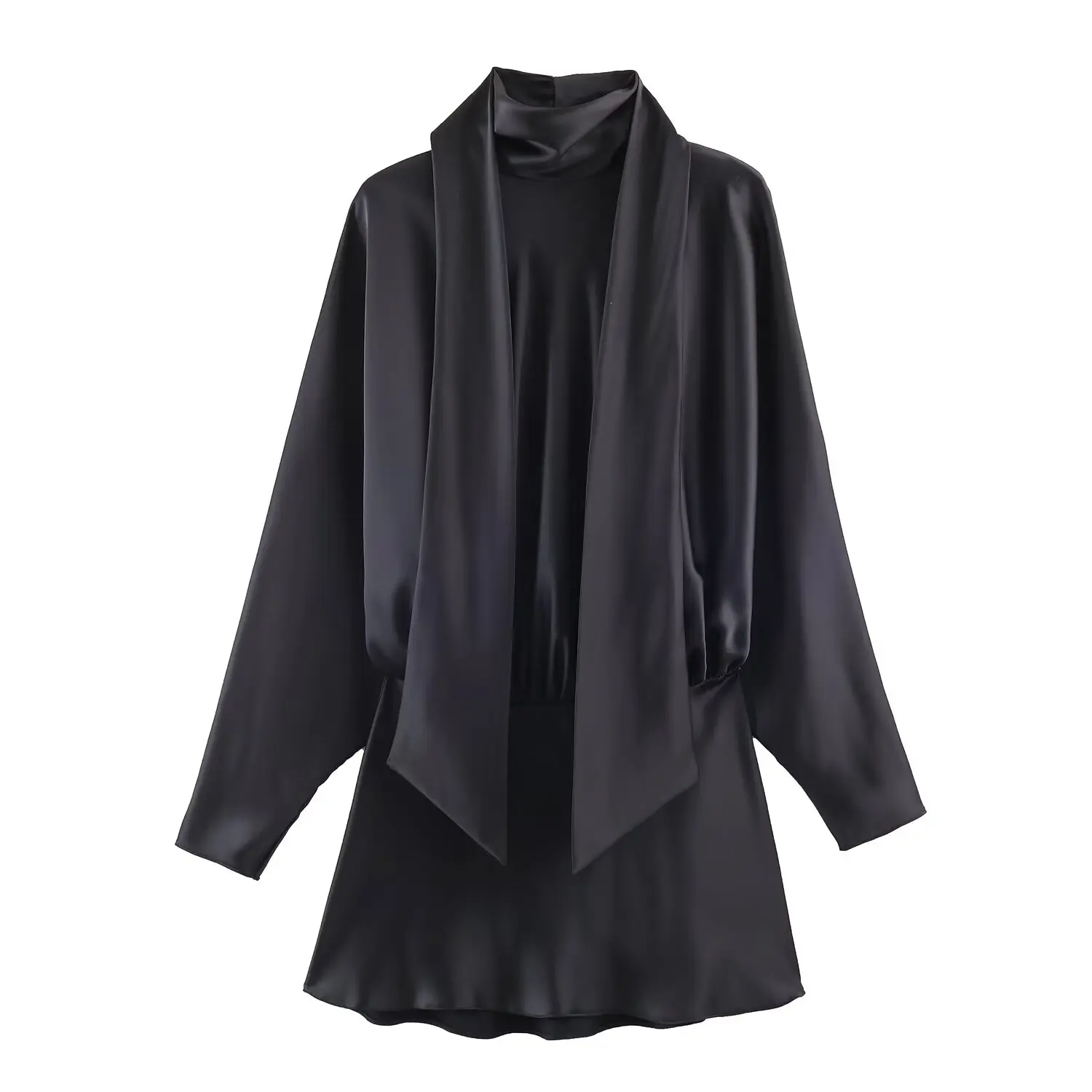 Women's France Elegant Satin Dress Fashion Scarf Decoration Female Short Dress Spring Autumn High Street Long Sleeves Mini Dress