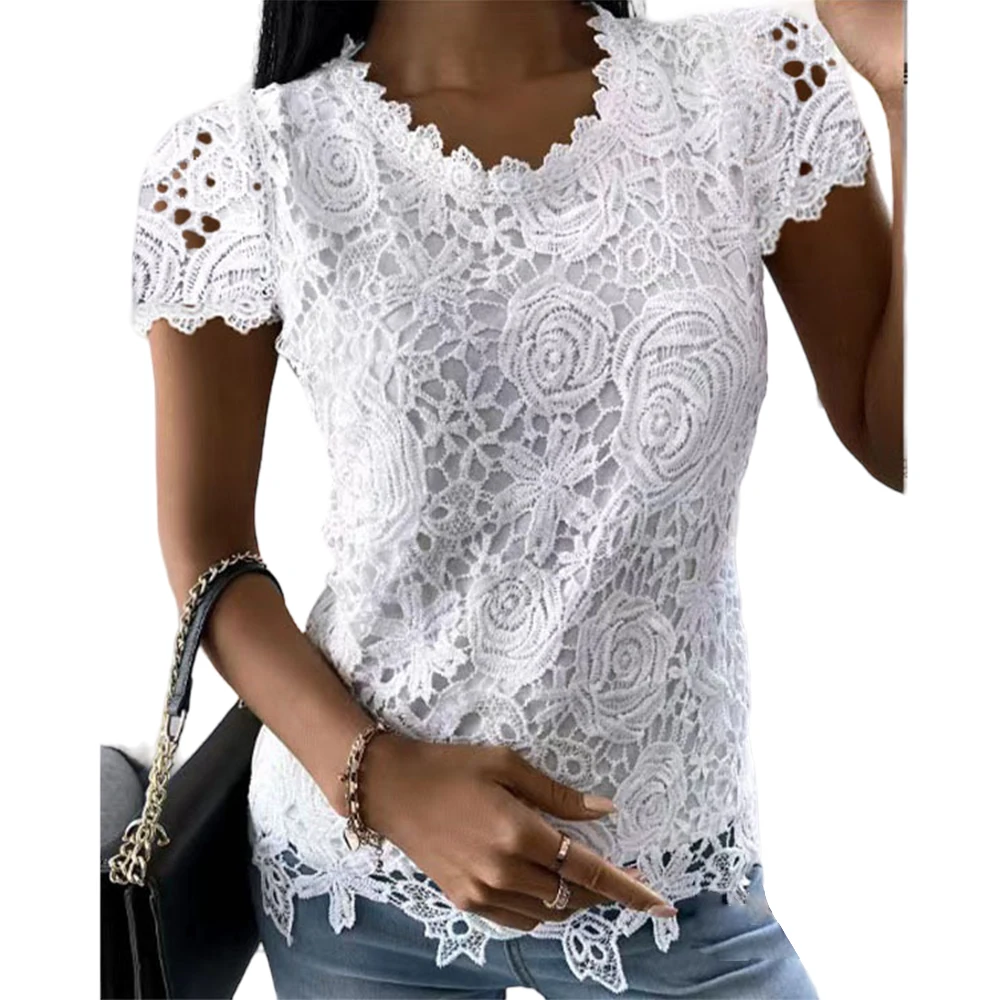 Plus Size Oversized Lace T-Shirt - Casual Round Neck Short Sleeve Top