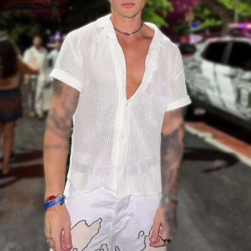 

2024 Men Shirt Solid Lace Hollow Out Transparent Lapel Short Sleeve Sexy Camisas Streetwear Summer Fashion Men Clothing INCERUN