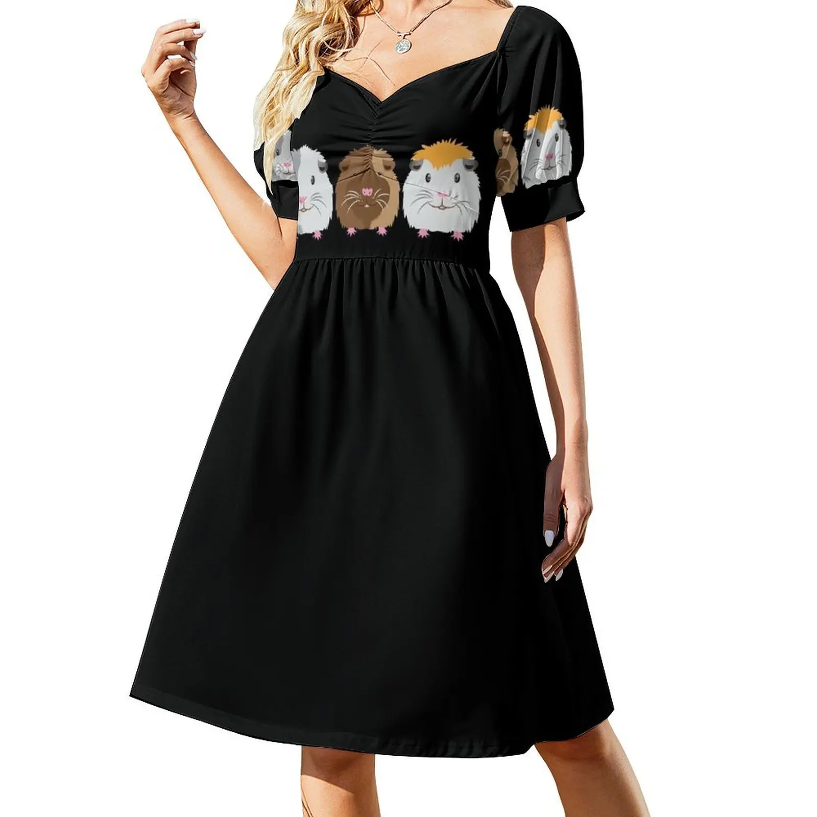 thumbnail image 1 of Vestido de manga corta con diseño de tres conejillos de indias, estilo coreano, elegante y chic, para mujer, ideal para bodas y fiestas., 1 of 7