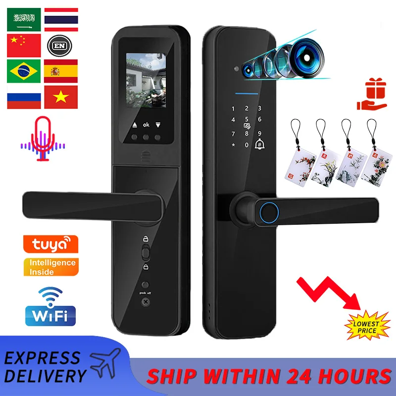 Tuya Wifi Digital Electronic Smart Door Lock With Biometric Camera Fingerprint Smart Card Password Key Unlock for home lock
