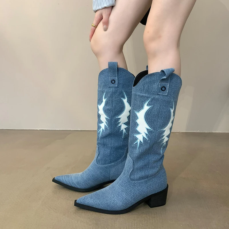 

Pointed Western Cowboy Boots Embroidered Woman Boots Thick Heel Knight Boots V Mouth Long Tube Knee Length Shoes For Women Slim