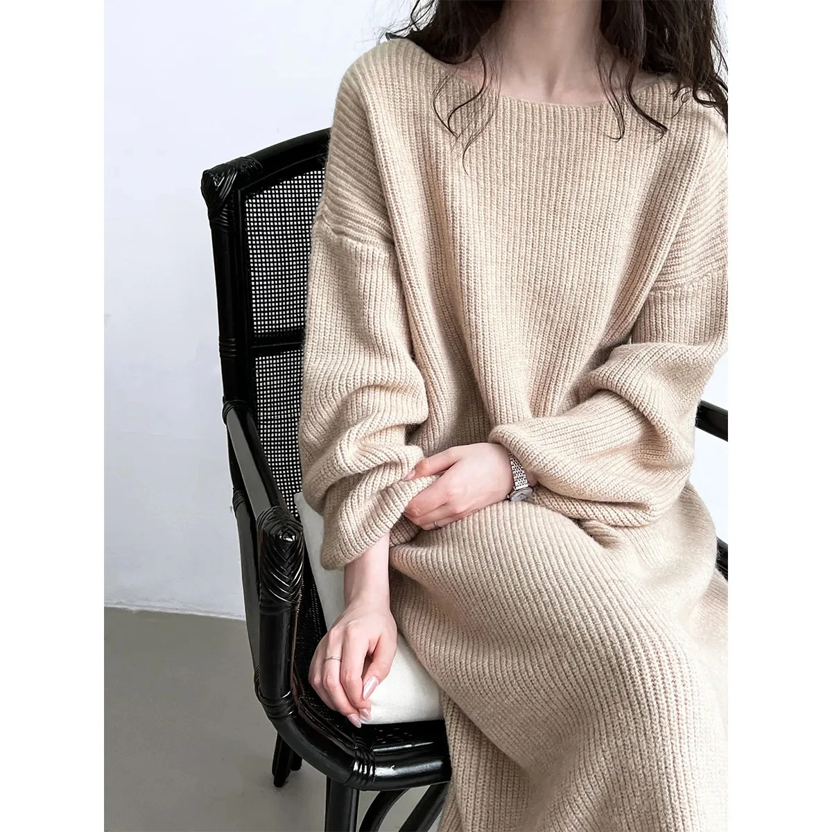 

Winter Lantern Sleeve Knitted Sweater Dress for Women Vintage Beige White Gray Long Sleeve Straight Loose Long Knit Dress