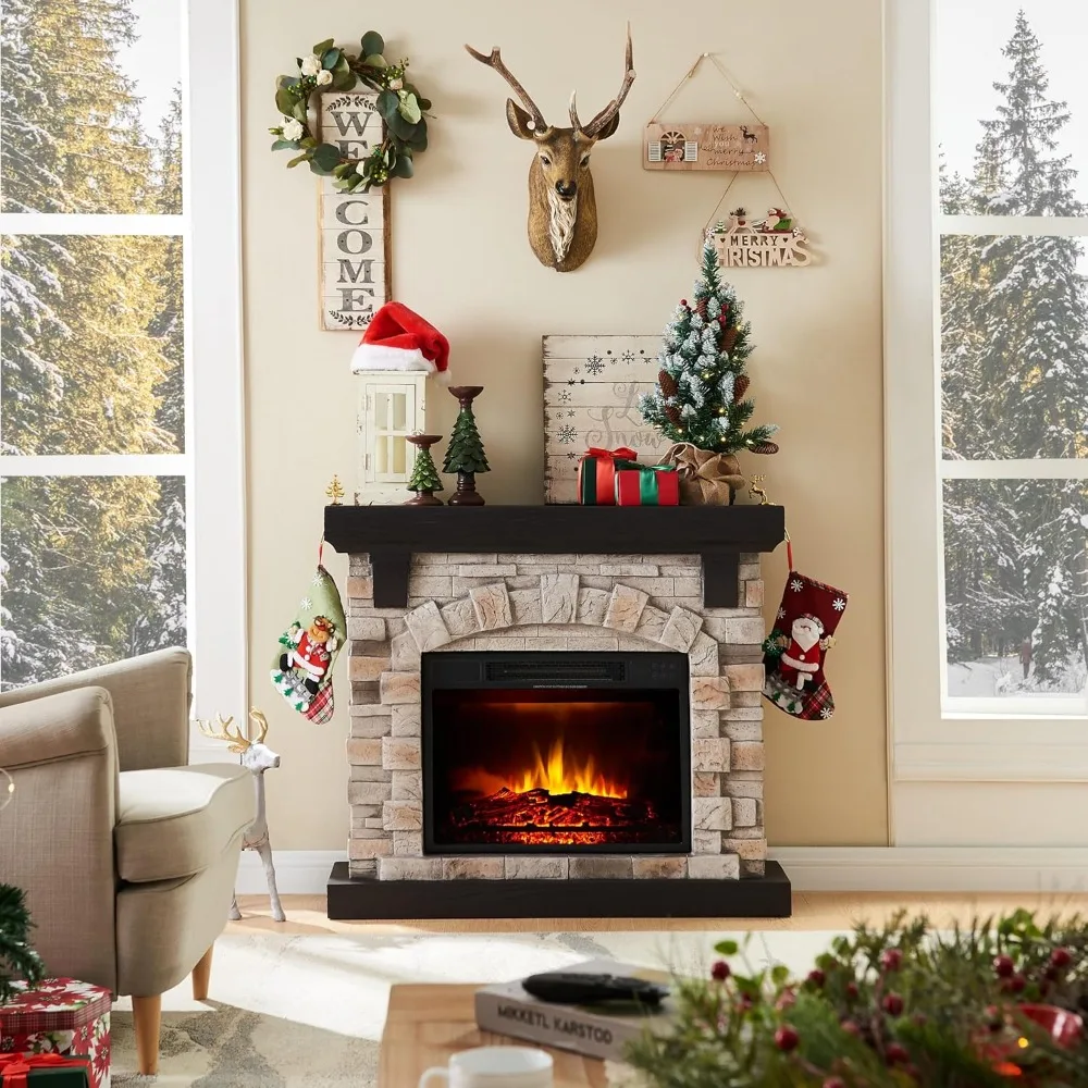 Electric Fireplace with Mantel, 40”W Faux-Stone Fireplace Mantel, Tall Fire Place Freestanding,40”Wx12”Dx35”H 2