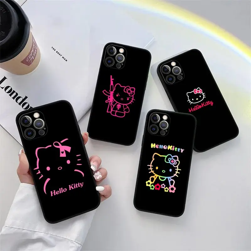 

Cute Black Hello Kitty Phone Case for iPhone 11 15 Pro Max Case Coque 14 Plus 13 Pro 12 11 X XS XR 7 8 SE 2020 6s TPU Soft Cover