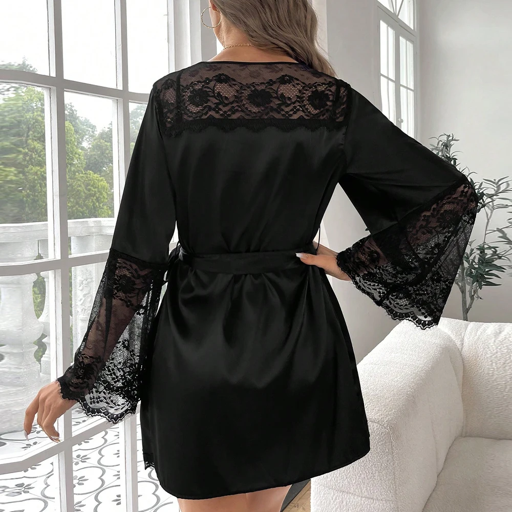 Women Summer Sleepwear Satin Nightgown Long Sleeve