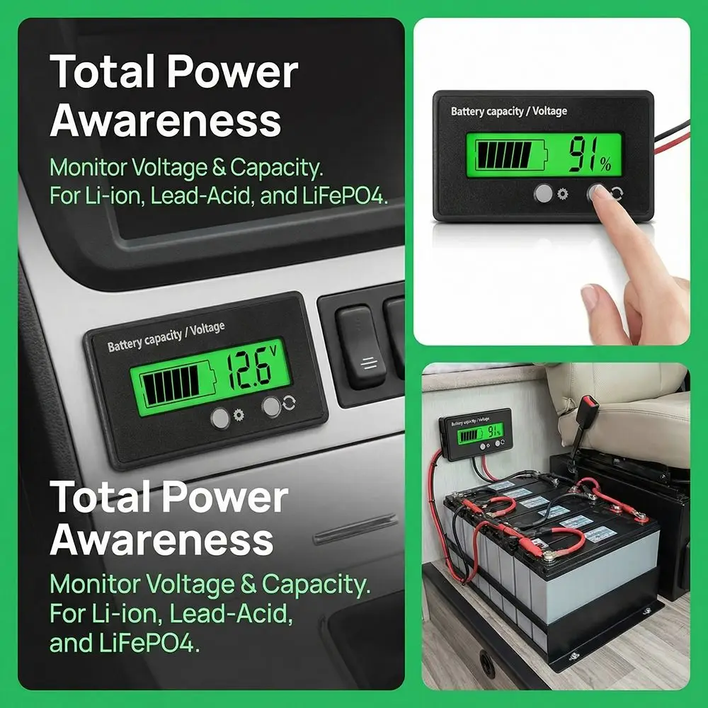 Indicateur de capacité de batterie universel 6V-72V pour modélisme monté sur un châssis de voiture RC, câbles visibles.