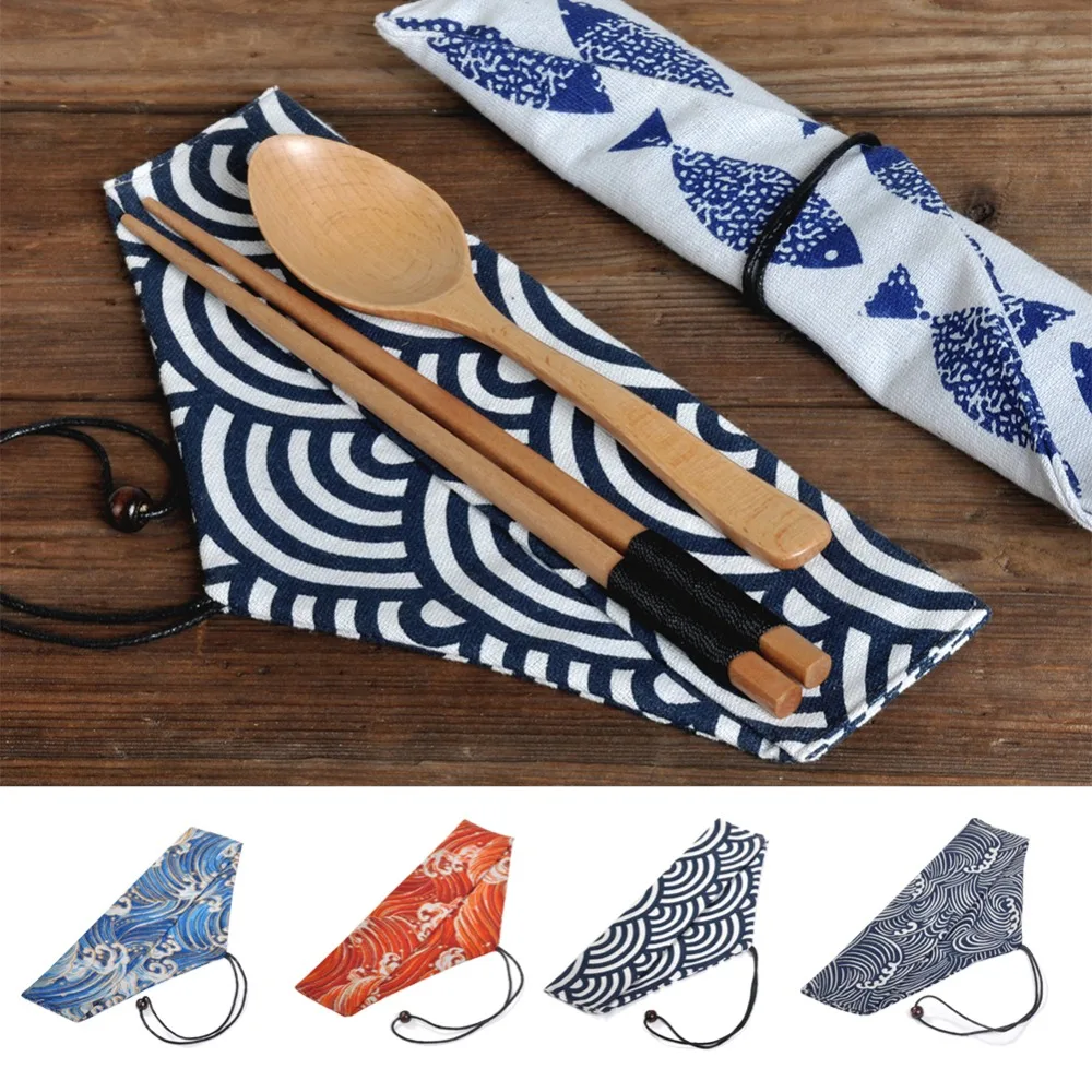 Reusable Metal Straw Bag Japanese Style Linen Tableware Pouch Spoon Fork Storage Bag Chopstick Straw Clean Brush Pouch Organizer