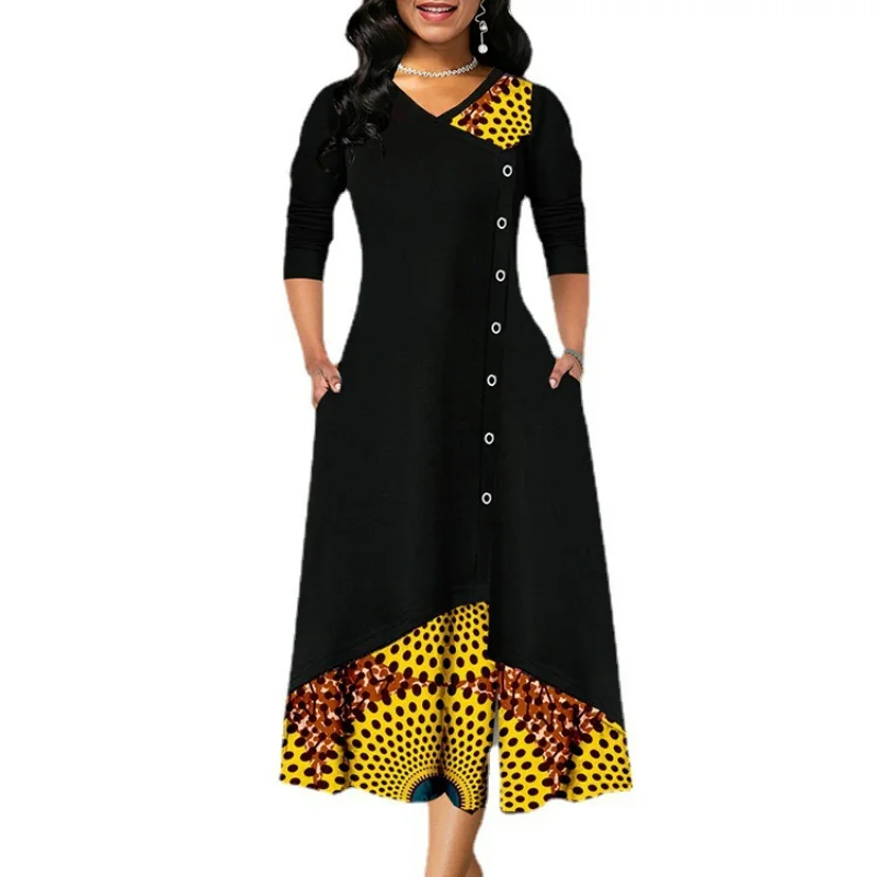 

Elegant Fashion V-neck Long Sleeve Office Lady Vintage Dress Loose Streetwear 2023 Button Patchwork Casual Dress For Women
