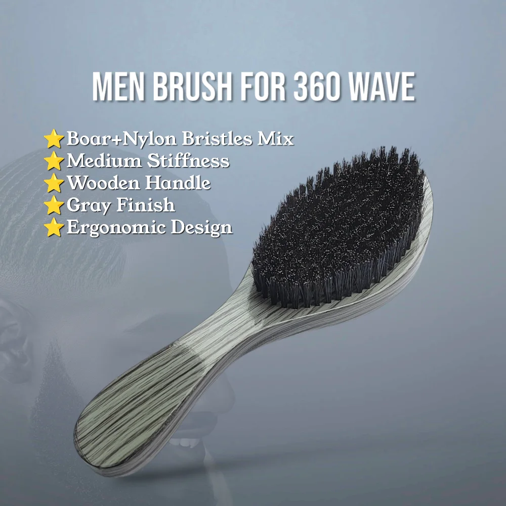 Gracemen 360 Wave Brush for Man Curved Hair Brush Medium Stiffness Gray Color Beard Hair Brush for Afro Gentlemen 3