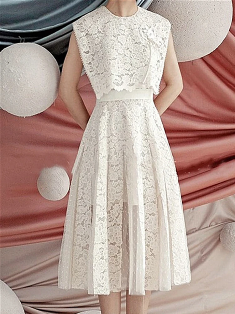 

Lace Woman Dresses Solid Sundress Women Embroidery Sleeveless 2022 Boho Summer Beach Runway Backless Vintage Dress Sexy Party