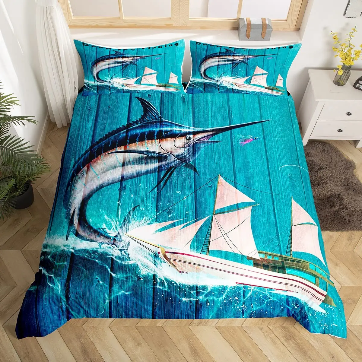  Marlin Swordfish Comforter Cover Fishing Theme Duvet Cover  Nautical Deep Sea Fish Bedding Set For Kids Boys Girls Seafood Fishermen  Quilt Cover Bedroom Decor With 2 Pillow Cases Queen Size Blue 
