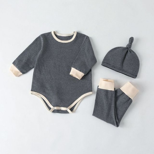 Romper Set Spring Stripe Pattern Long Sleeve Triangle Jumpsuit Trousers Hat Three-piece Suit Autumn Winter Kid Clothes Girl