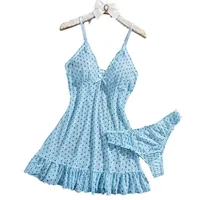 Summer Thin Translucent Sexy Pajamas Polka Dot Mesh Babydoll Strap V Neck Ruffle Hem Pajamas Sheer Nightdress Butterfly Knot - Image 6