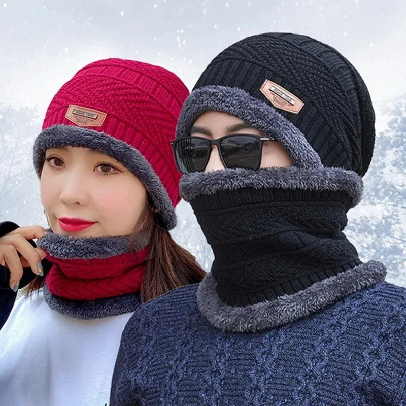 Winter Hats Knit Cap for Men Women with Fleece Scarf Outdoor Riding Hat Warm Thickened Neck Protection Cap Beanie