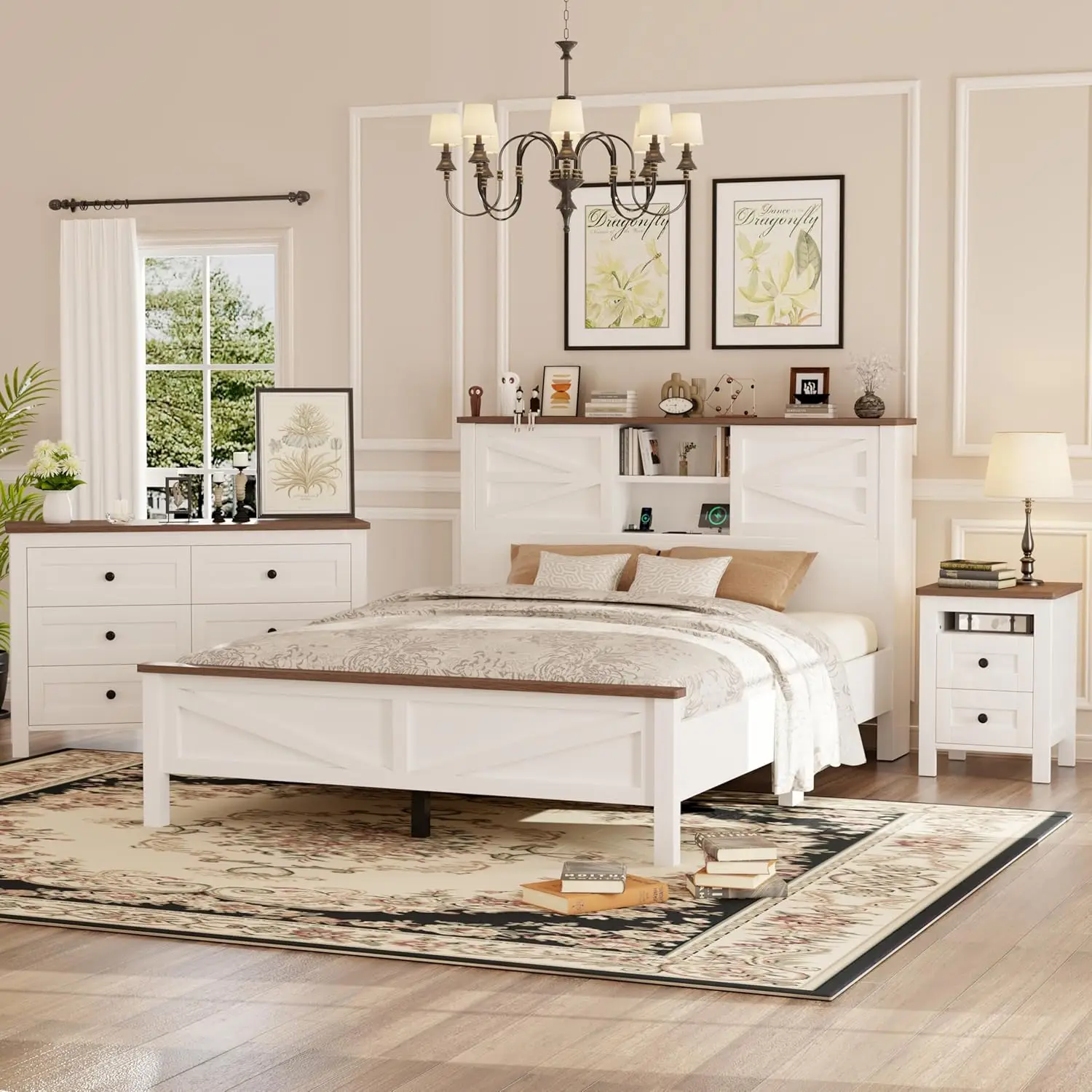 3-Piece Farmhouse Queen Bedroom Set – Bed & Storage Nightstands 2