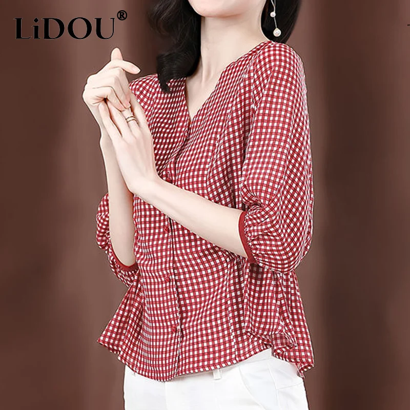 Summer New Korean Elegant Chiffon Shirt Loose Casual V-neck Half Sleeve Tops Women Fashion Chic Blouses Femme Female Clothing