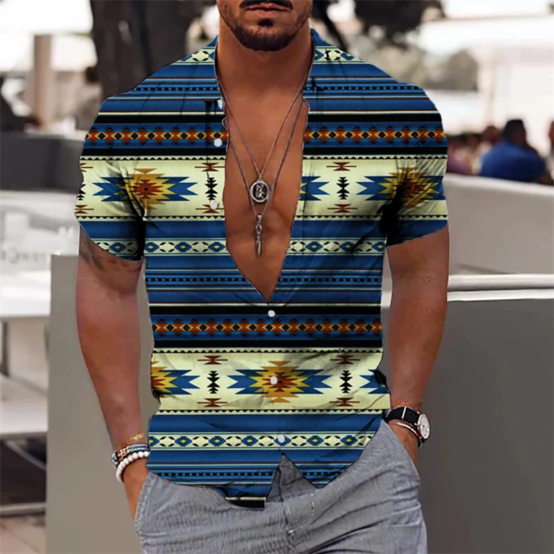 thumbnail image 1 of Camisa con estampado étnico para hombre, camisas de verano con solapa, camisetas de manga corta con gráficos a cuadros para hombre, camisetas de hip-hop de calle de gran tamaño 2024, 1 of 5