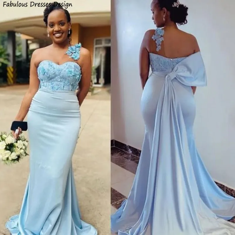 Light Blue One Shoulder Bridesmaid Dresses Applique Lace Long Bow Sweep Train Mermaid Wedding Guest Dress Party Women Prom Gown