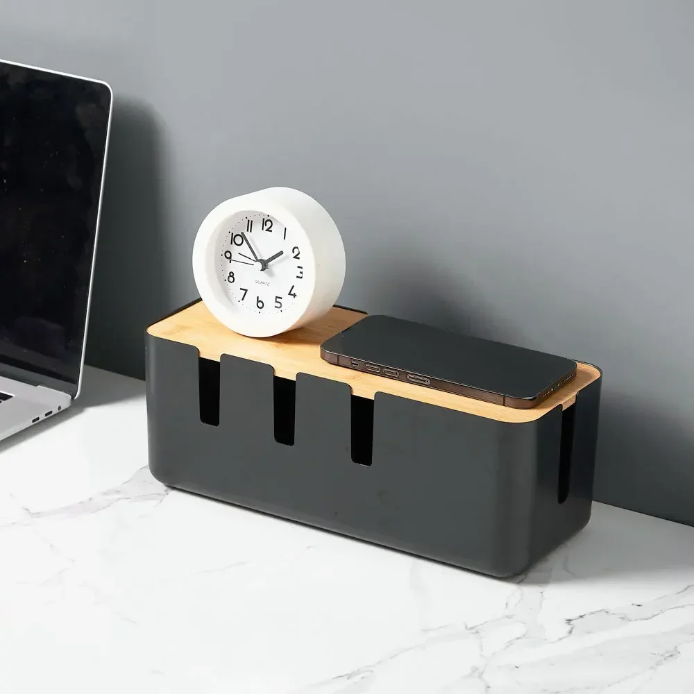 Desktop Cable Storage Box Seven-hole Bamboo Wood Power Line Wire Management Organizer Charger Socket Network Line Storage Bin 2