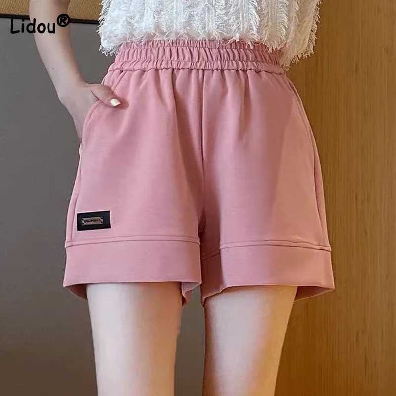 2023 Casual Work Shorts for Women Summer Elastic High Waist Pockets Patchwork Labeling Loose Fitting Five Cent Wide Leg Pants cent sonnets