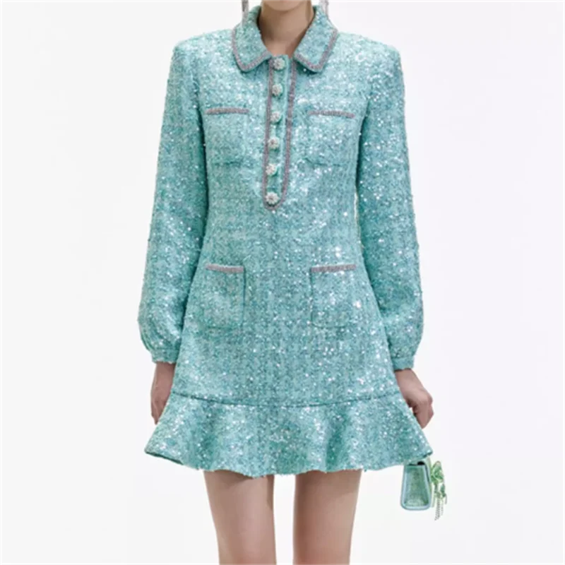 

Elegant dresses for women New summer 2024 sequin decorated tweed mini skirt Long sleeved dress Korean Fashion Short dresses y2k