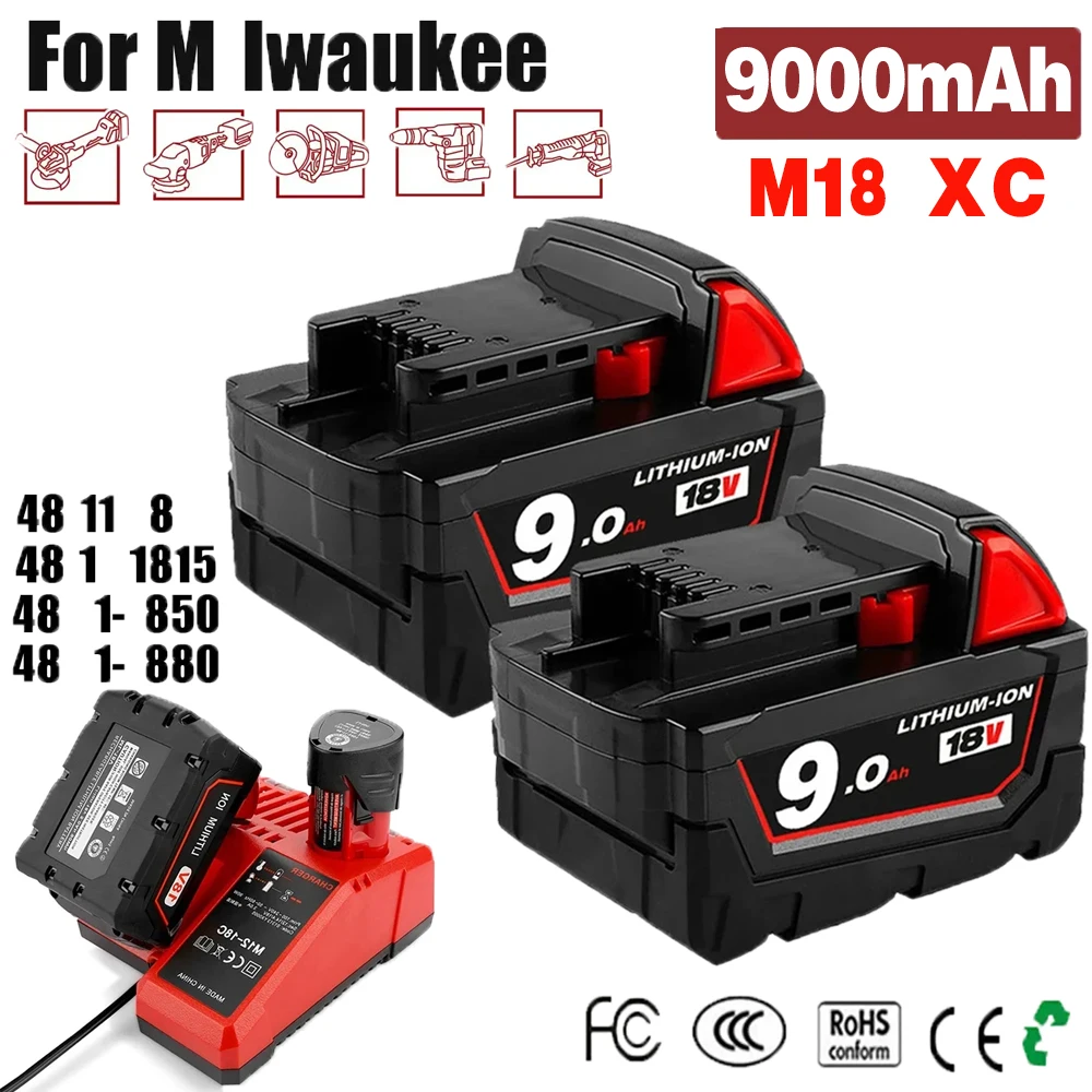 

18V 9000mAh Replacement for Milwaukee M18 XC Lithium Battery 48-11-1860 48-11-1850 48-11-1840 48-11-1820 Rechargeable Batteries