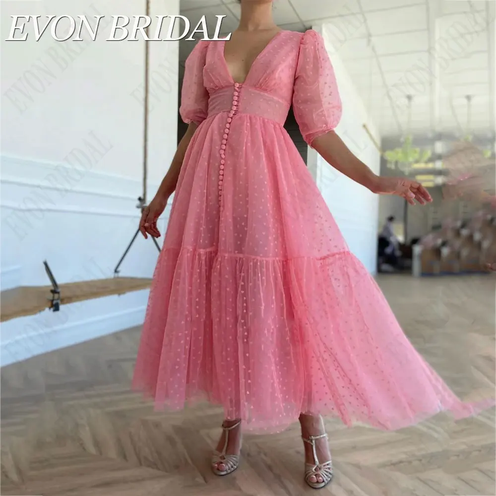 

EVON BRIDAL Romantic Pink Hearty Tulle Evening Gowns Sexy V-Neck Half Sleeves Prom Dresses A-Line Backless Vestidos De Gala 2024