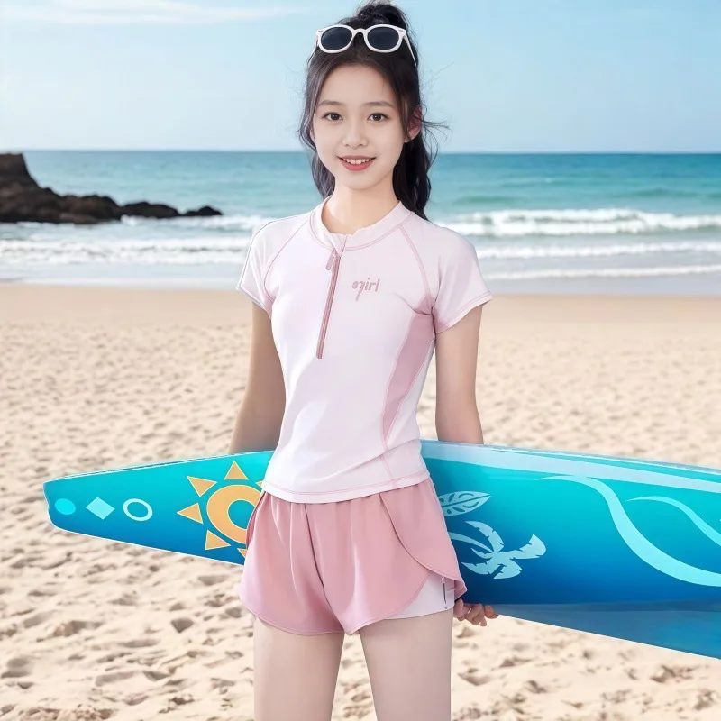 여름 신상품 여아 수영복 2톤 핑크와 퍼플 색상의 발달기 청소년을 위한 2피스 스포츠 수영복