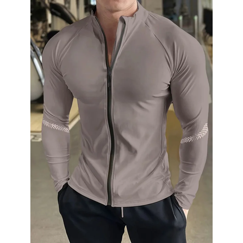 빠르게 건조되고 편안한 남성용 스탠드 칼라 지퍼업 긴팔 스포츠 재킷 코트, 자외선 차단 및 야외 활동용
