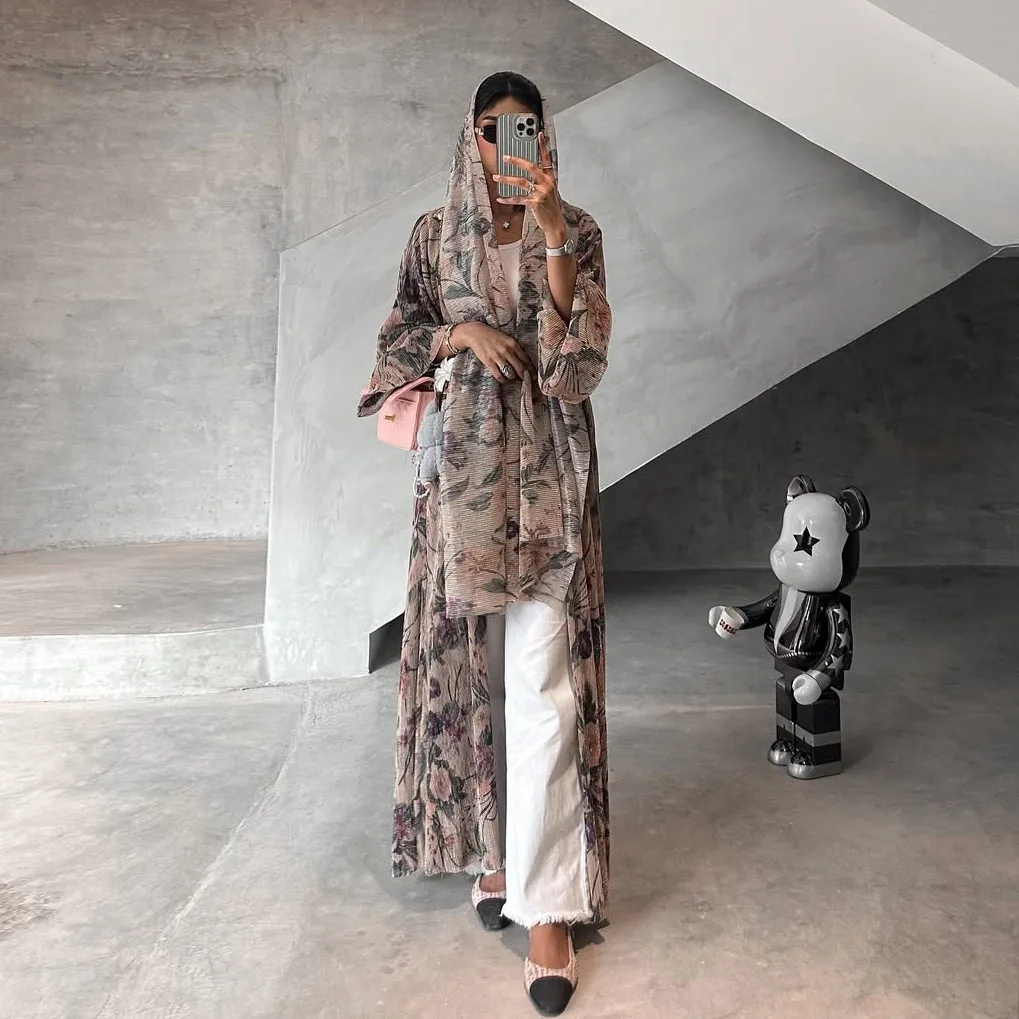 Women's folded abaya with floral print and matching hijab - modest open-front dress for daily use and religious occasions