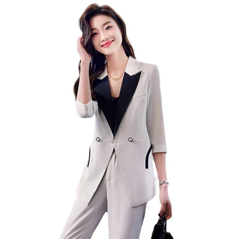 

2023 Spring Suit Elegant Women Office Trousers Outfits Slim Three Quarter Casual Blazer Jackets Pants Korean Femme 2 Piece Sets