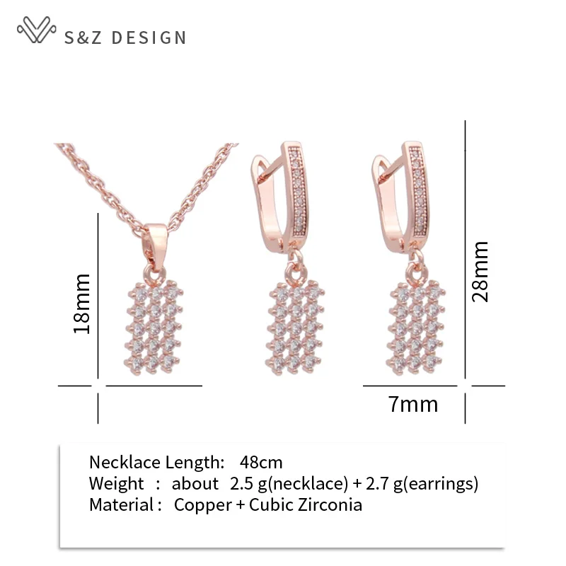S&Z DESIGN New Fashion Rectangle Cute Round Cubic Zirconia Dangle Earrings Jewelry Sets For Women 585 Rose Gold Color Necklace
