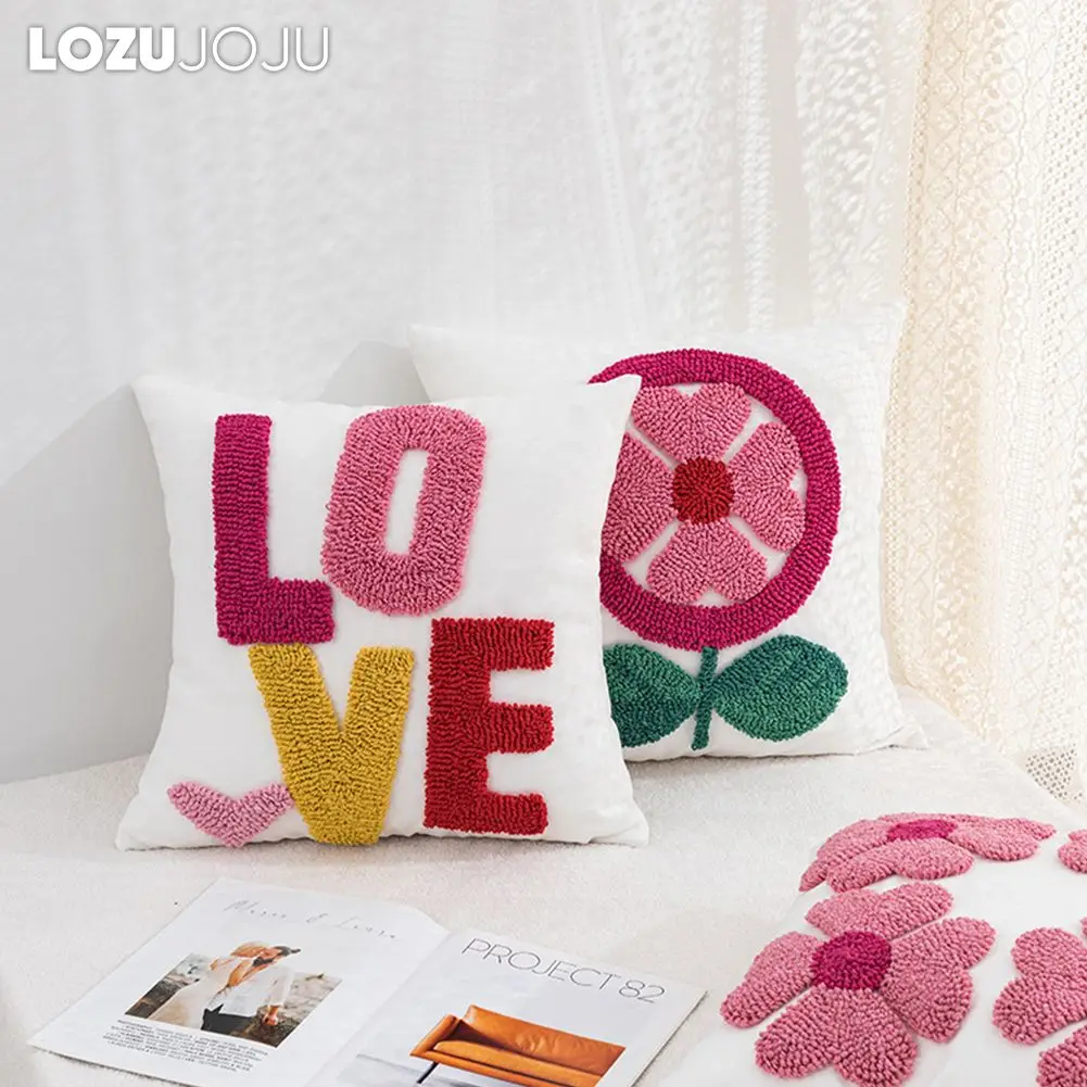 

LOZUJOJU Pink Flower Embroidered Tufted Cushion Covers Throw Pillow Cases Home Decor 45x45cm 1PC