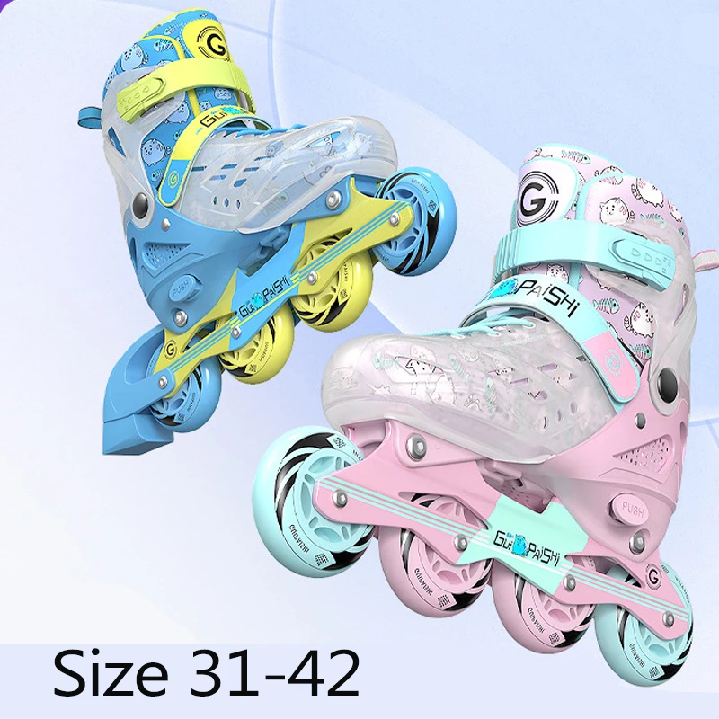 Size 31 32 33 - 42 Roller Skates Adjustable Elastic Pu Inline Pvc Sneakers Rollers For Kids Roller Skating Shoes Patines 4 Rodas
