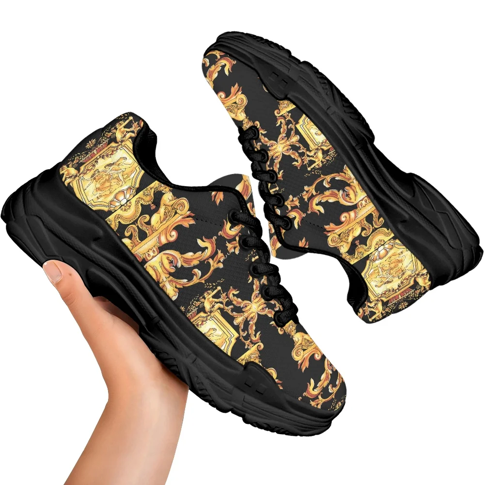 Retro European Floral Pattern Women's Sneakers Increasing Shoes Thick Platform Golden Baroque Casual Footwear