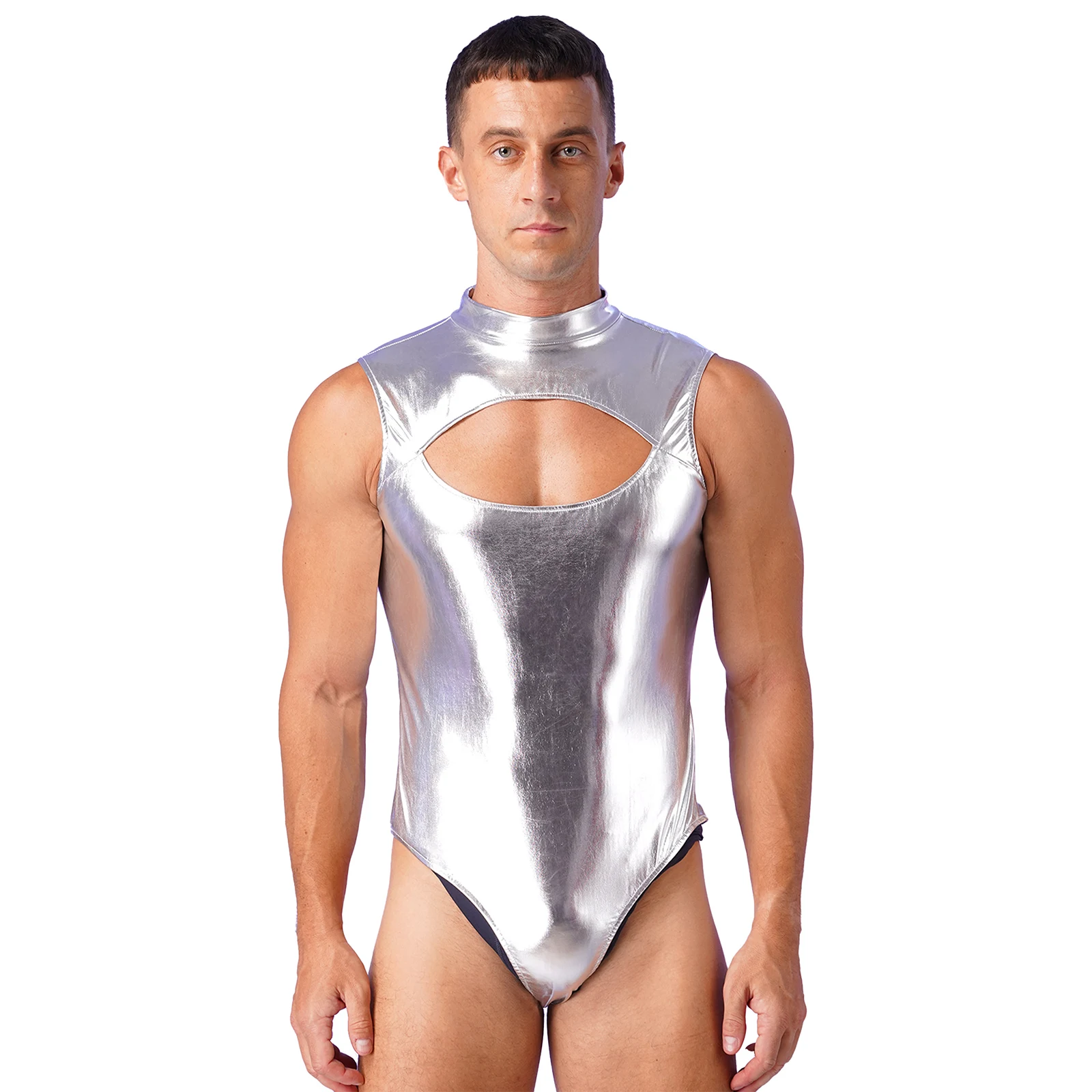 Mens Metallic Bodysuit Front Cutout Mock Neck Sleeveless Zipper Leotard Jumpsuit for Man Bar Clubbing Pool Party Clubwear