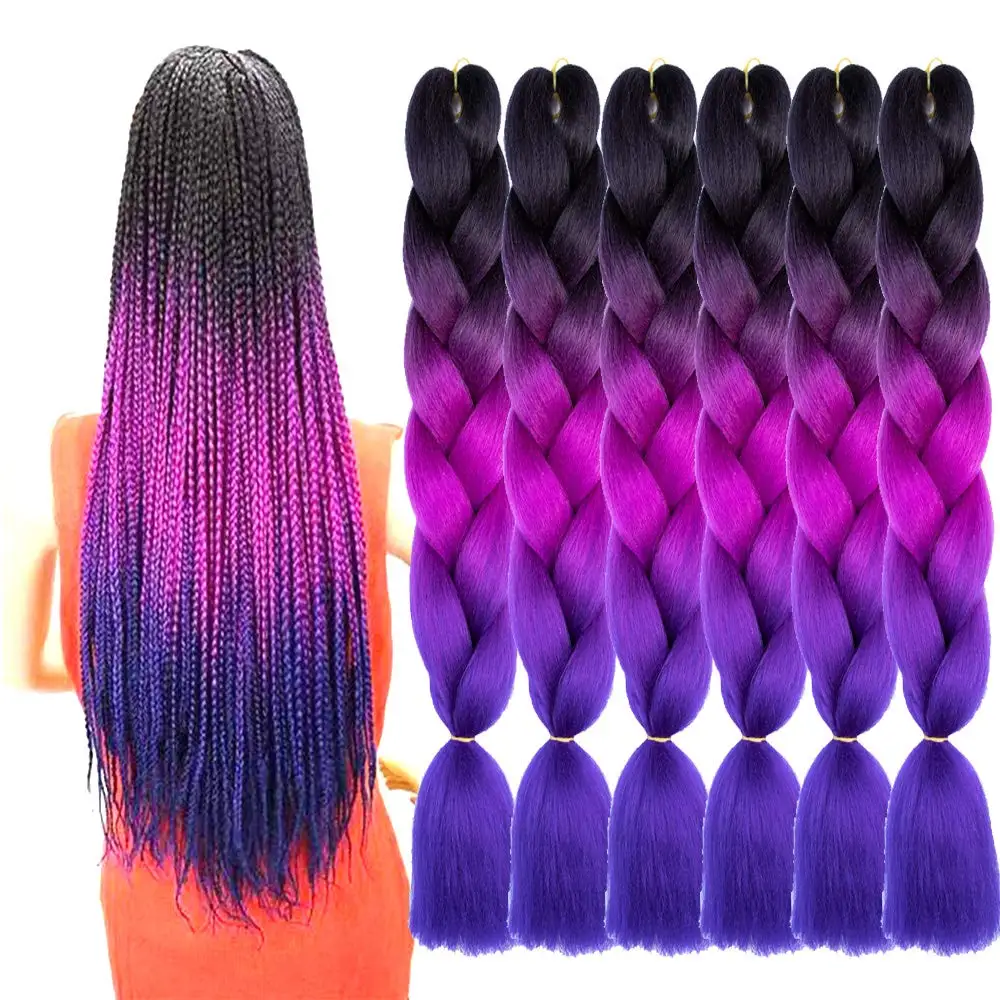 

Braiding Hair Extensions Kanekalon Black-Purple-Dark Blue Braided Hair African Gradient Multicolor Synthetic Hair on promotion