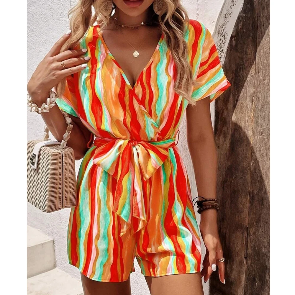 

Wepbel Colored V-neck Jumpsuit Women Short Sleeve Stripe Rompers Playsuits Summer Casual Loose Jumpsuits Straight Pants