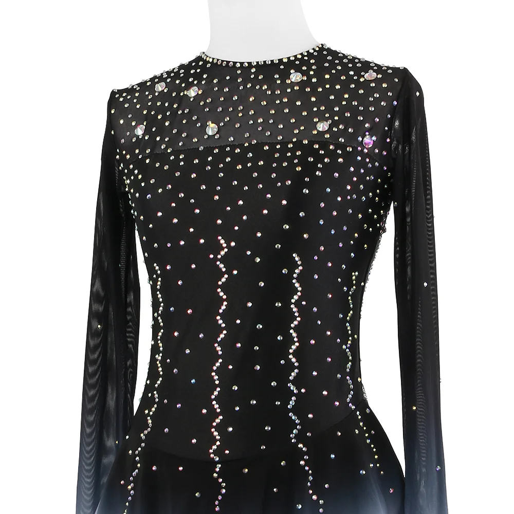 ZAGITOVA Figure Skating Dress For Women And Girls Long Sleeved Ice Skating Clothes Black And White Gradient With Rhinestones