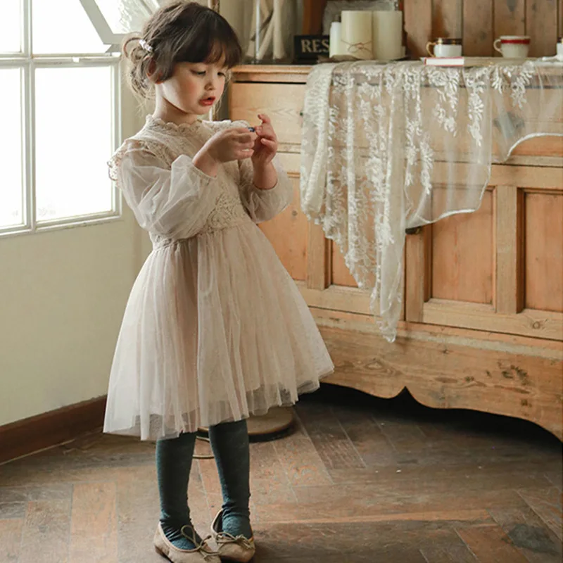 Girls Spring Princess Dress Cute Lace Collar Tulle