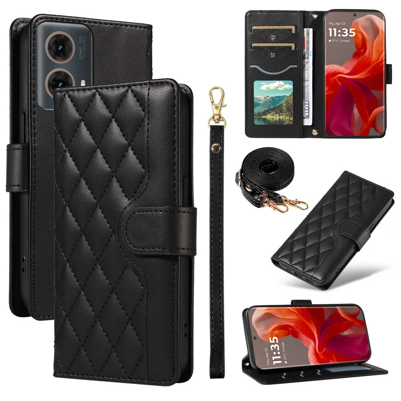 Elegant Leather Crossbody Wallet with Lanyard and Phone Stand Feature
