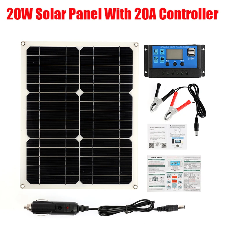 20W Monocrystalline Solar Panel Kit With 20A Solar Controller LCD Display Dual USB Port Emergency Power Generator