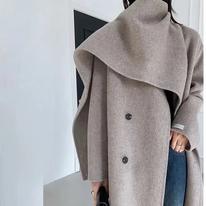 

Autumn and winter 2022 new coat shawl scarf collar double breasted solid color lengthened women's reversible wool coat
