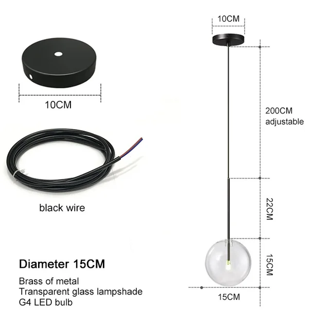 Nordic Modern Pendant Lamp Fixture Clear Glass Lampshade Bedroom Hanging Lights Dining Restaurant Decor Suspension Lustre All black 15CM